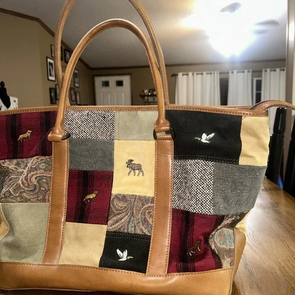 Vintage 90s LL Bean Boat & Tote Bag - Rare HTF Patchwork, Embroidered, Leather - Picture 3 of 15